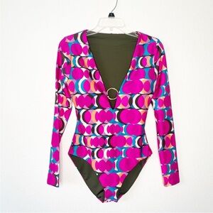 NEW TRINA TURK SWIM Long Sleeve Ring Front One Piece Paddle Swimsuit Retro Boho